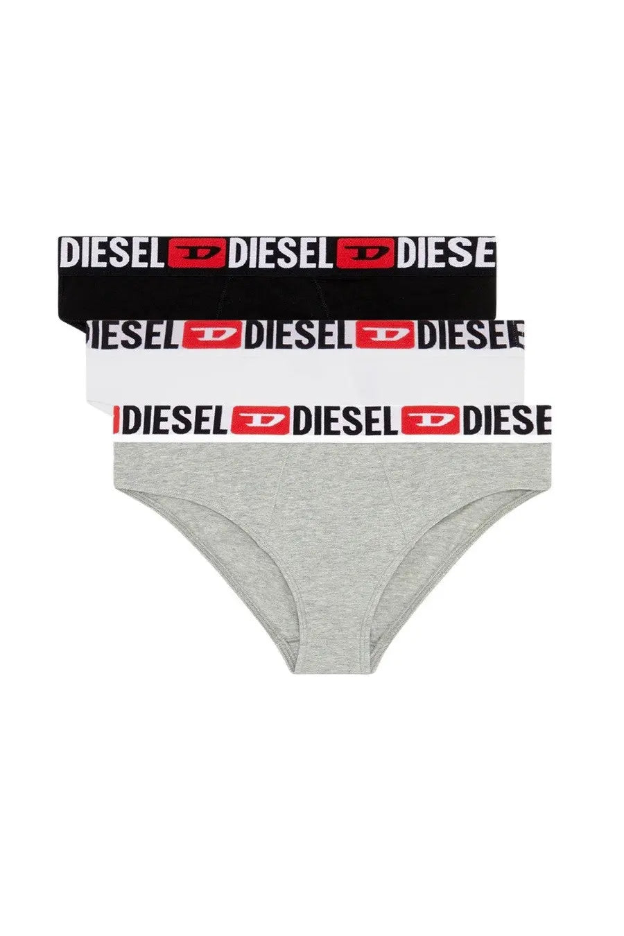 Three-pack of Diesel women’s briefs in black white and heather gray with repeating logo bands for comfortable wear
