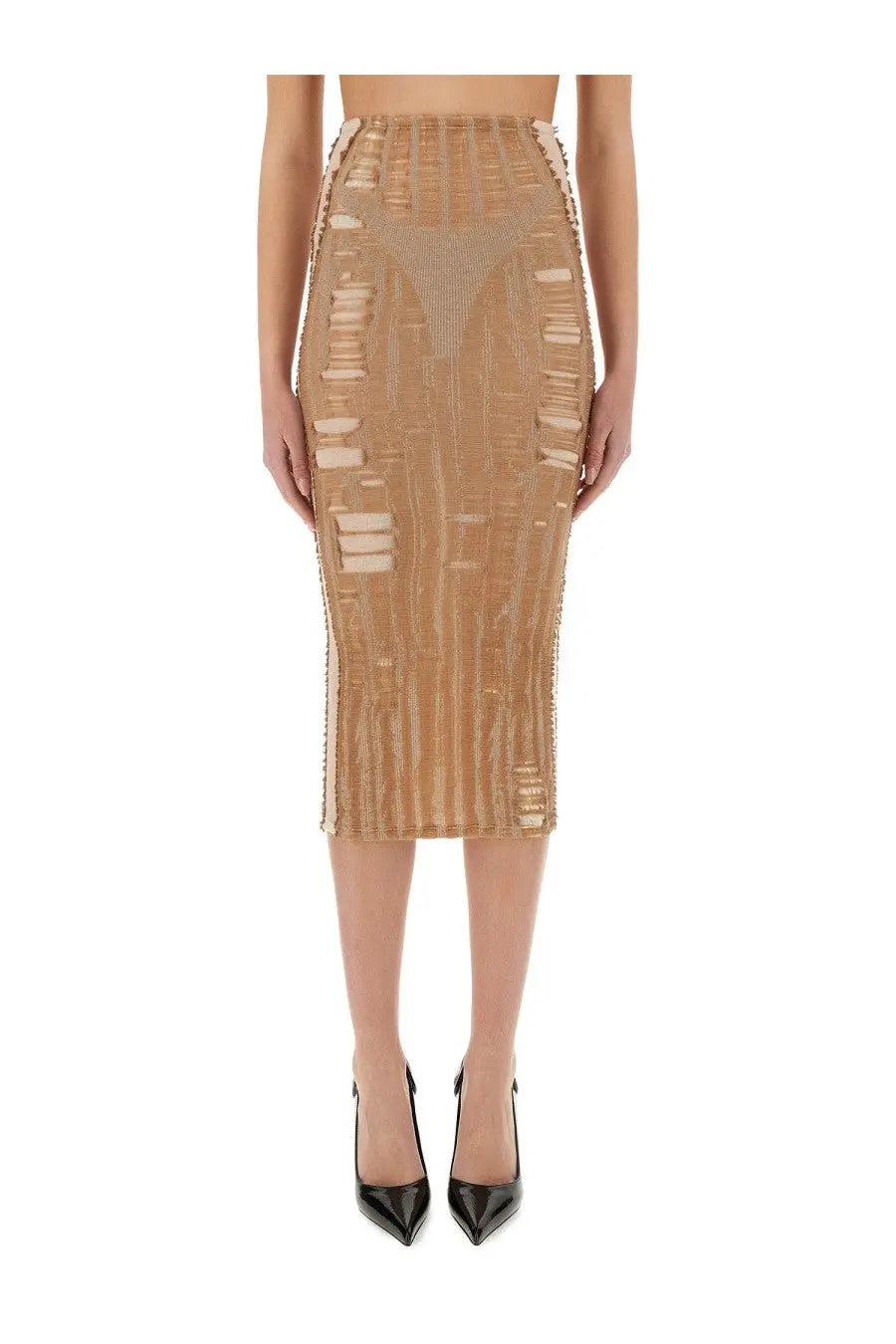Beige textured knit pencil skirt with vertical ribbed detailing and distressed ripped panels by Diesel women