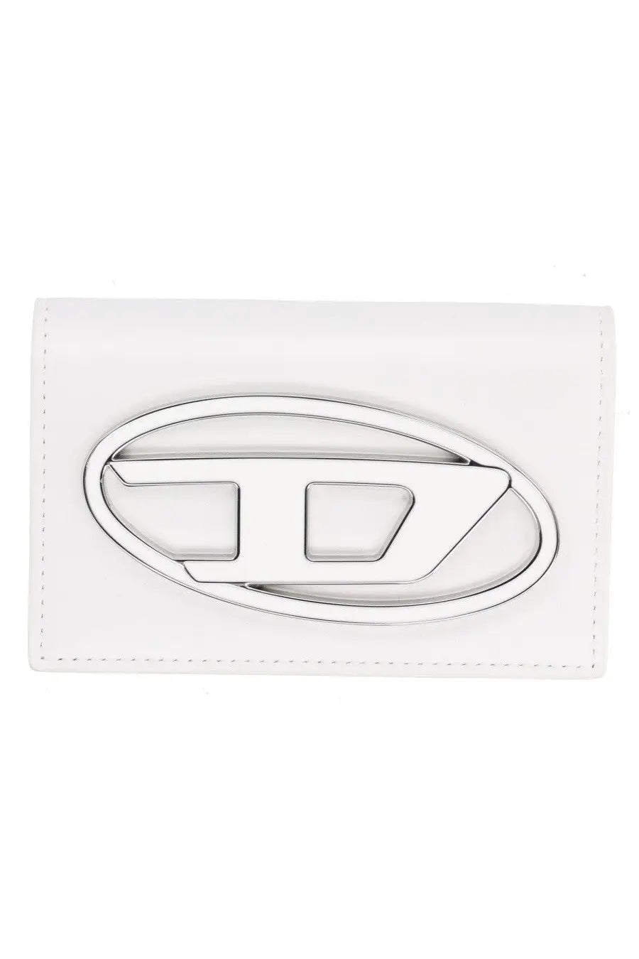 White leather diesel women’s card holder featuring a silver-toned oval logo with embossed d design