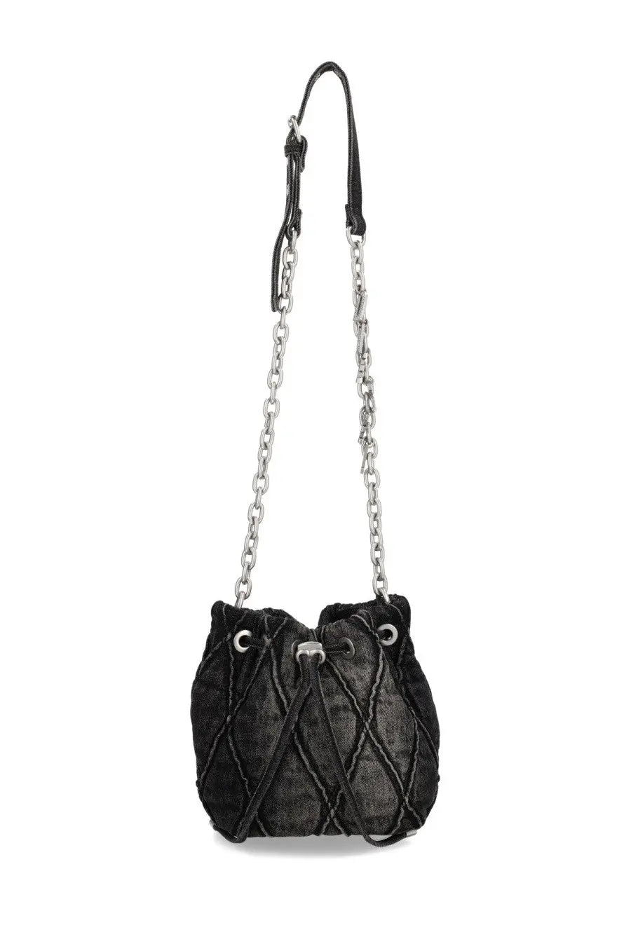 Diesel women’s charm bucket bag black with textured leather body and silver toned chain and leather drawstring strap