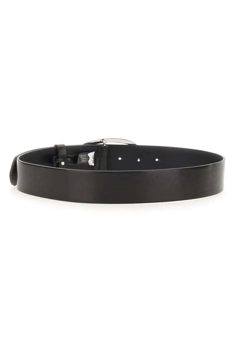 Diesel women’s cintur a 1dr black leather belt with silver toned buckle and visible stitching along the edges