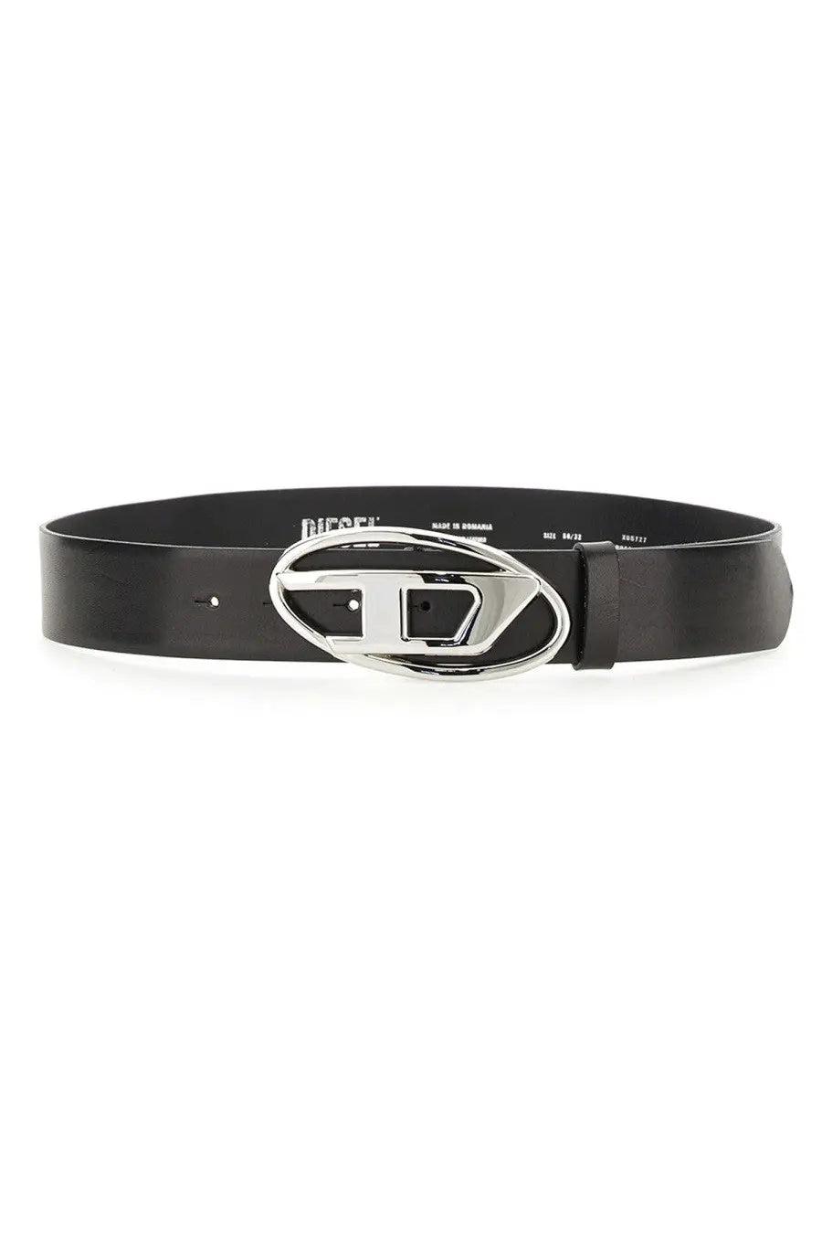 Diesel women’s cintura 1dr black leather belt with silver-toned oval buckle featuring the Diesel logo