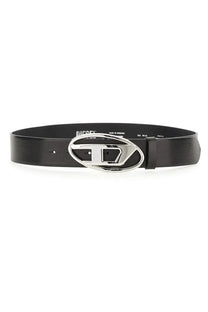 Diesel women’s cintura 1dr black leather belt with silver-toned oval buckle featuring the Diesel logo