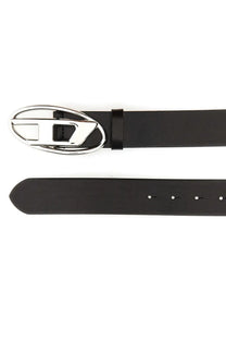 Diesel women’s cintura 1DR black leather belt with sleek silver-toned oval buckle and embossed logo