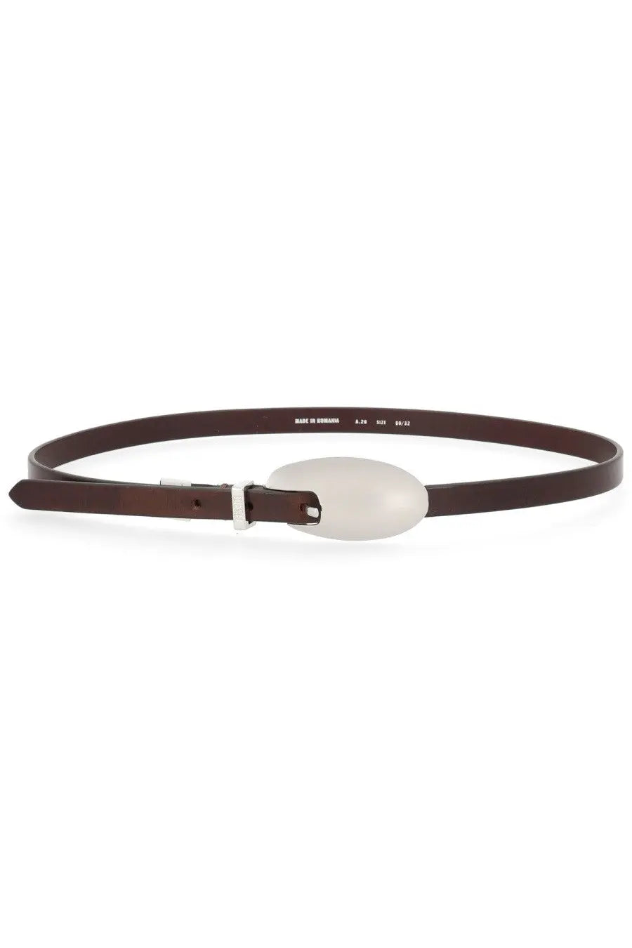 Diesel women’s brown leather belt with sleek oval white buckle and silver-toned hardware for stylish wear