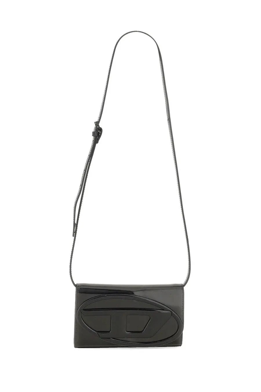 Diesel women’s clutch 1DR black glossy patent leather crossbody bag with a prominent embossed logo on the front