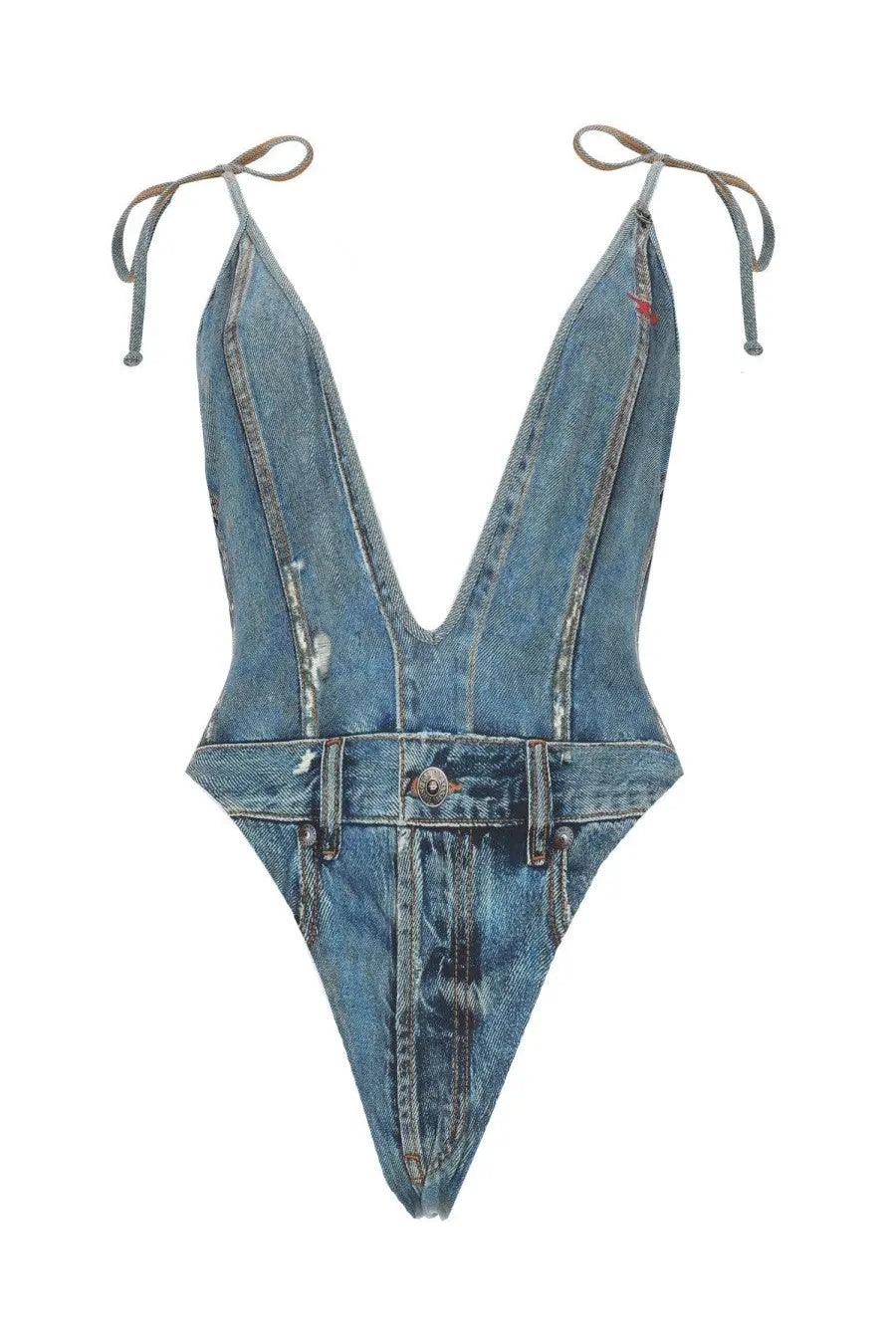 Diesel women’s costume intero effetto denim blue one-piece swimsuit with deep v-neck adjustable tie straps and waist belt