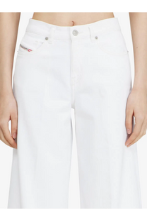Diesel women’s white high-waisted wide-leg trousers made from cotton blend with diesel logo patch on front pocket