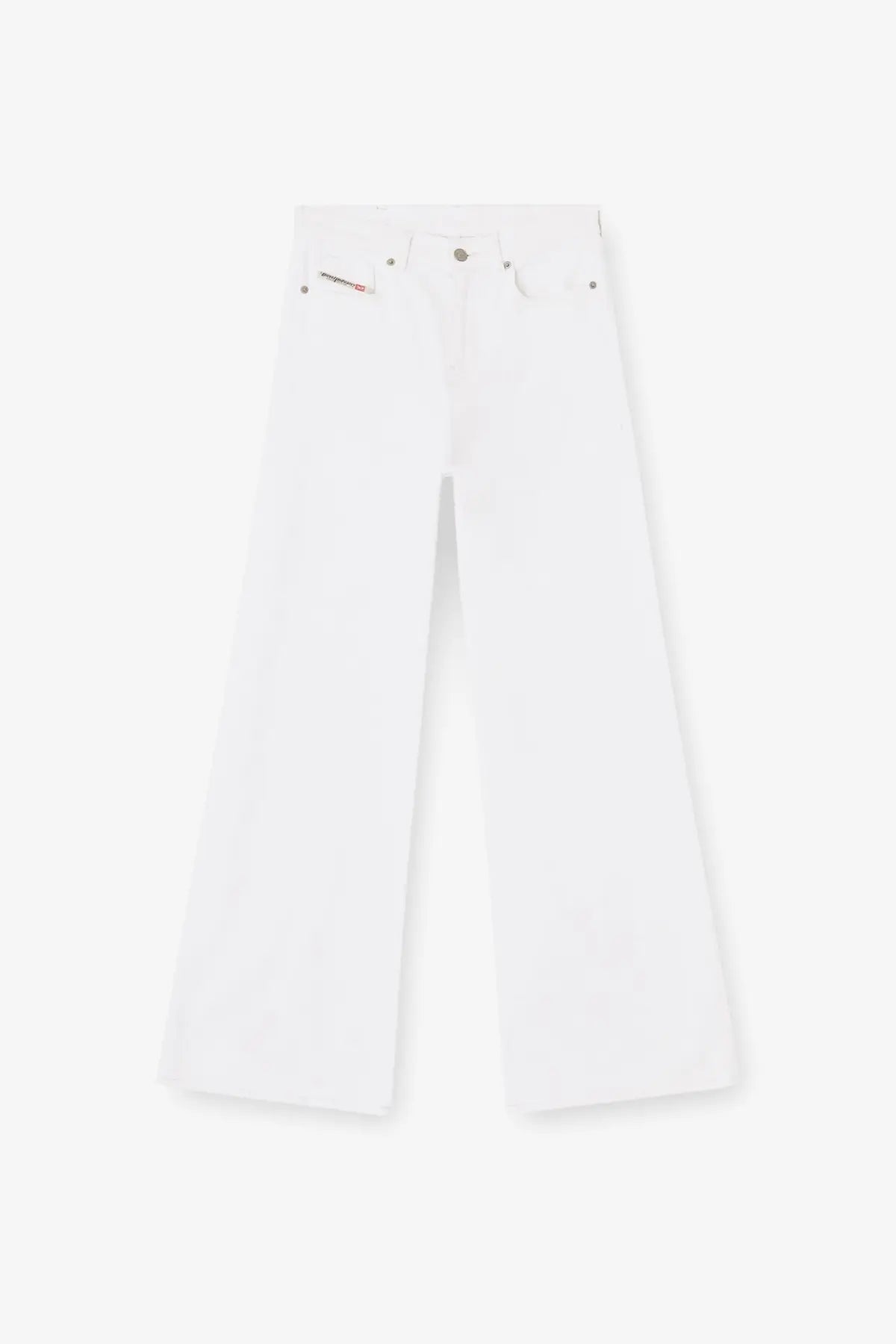 Diesel women’s white cotton blend wide-leg denim trousers with five-pocket design and subtle back pocket stitching