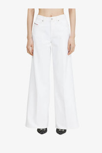 Diesel women’s white cotton blend wide-leg denim trousers with a clean minimalist design and subtle waistband branding