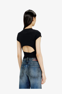 Black cotton diesel women’s short-sleeved crop top with back cutout design shown from the back side