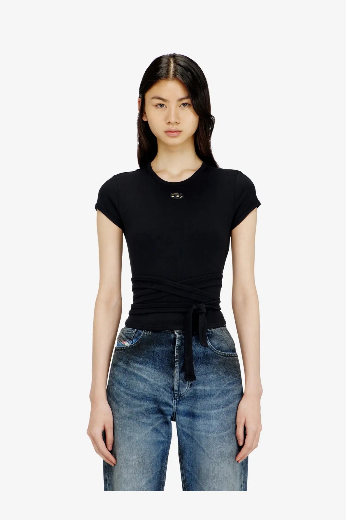 Diesel women’s black cotton ribbed short-sleeved top with small logo at the neckline