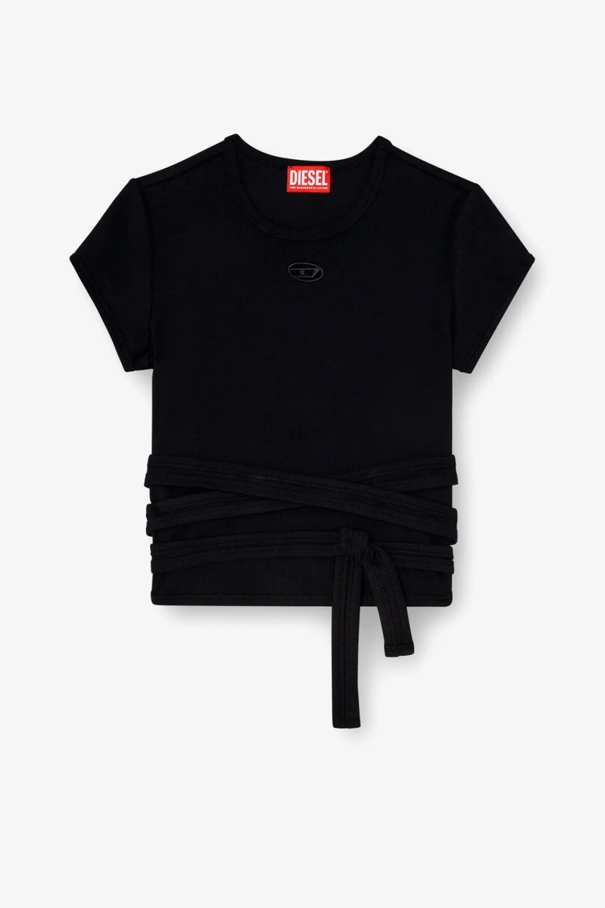 Black diesel women’s cotton t-shirt with short sleeves and tied waistband for casual wear