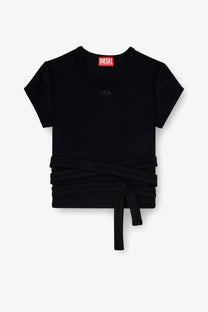 Black diesel women’s cotton t-shirt with short sleeves and tied waistband for casual wear