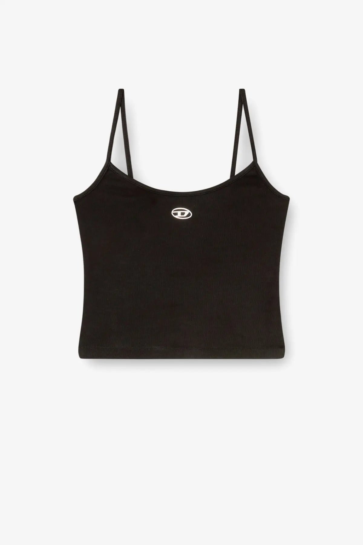 Diesel women’s black cotton cropped camisole with thin straps and small white logo on the chest