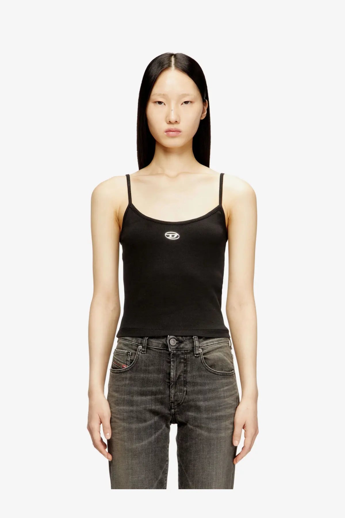Diesel women’s black cotton spaghetti strap tank top with small white logo on the chest