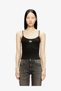 Diesel women’s black cotton tank top with spaghetti straps and a small white logo on the chest