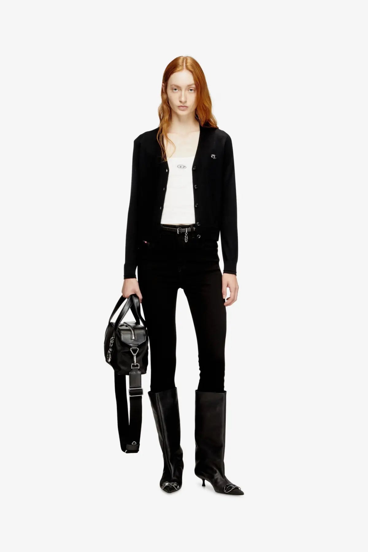Black leather shoulder bag with structured design and silver toned hardware paired with diesel women’s white cotton tank top