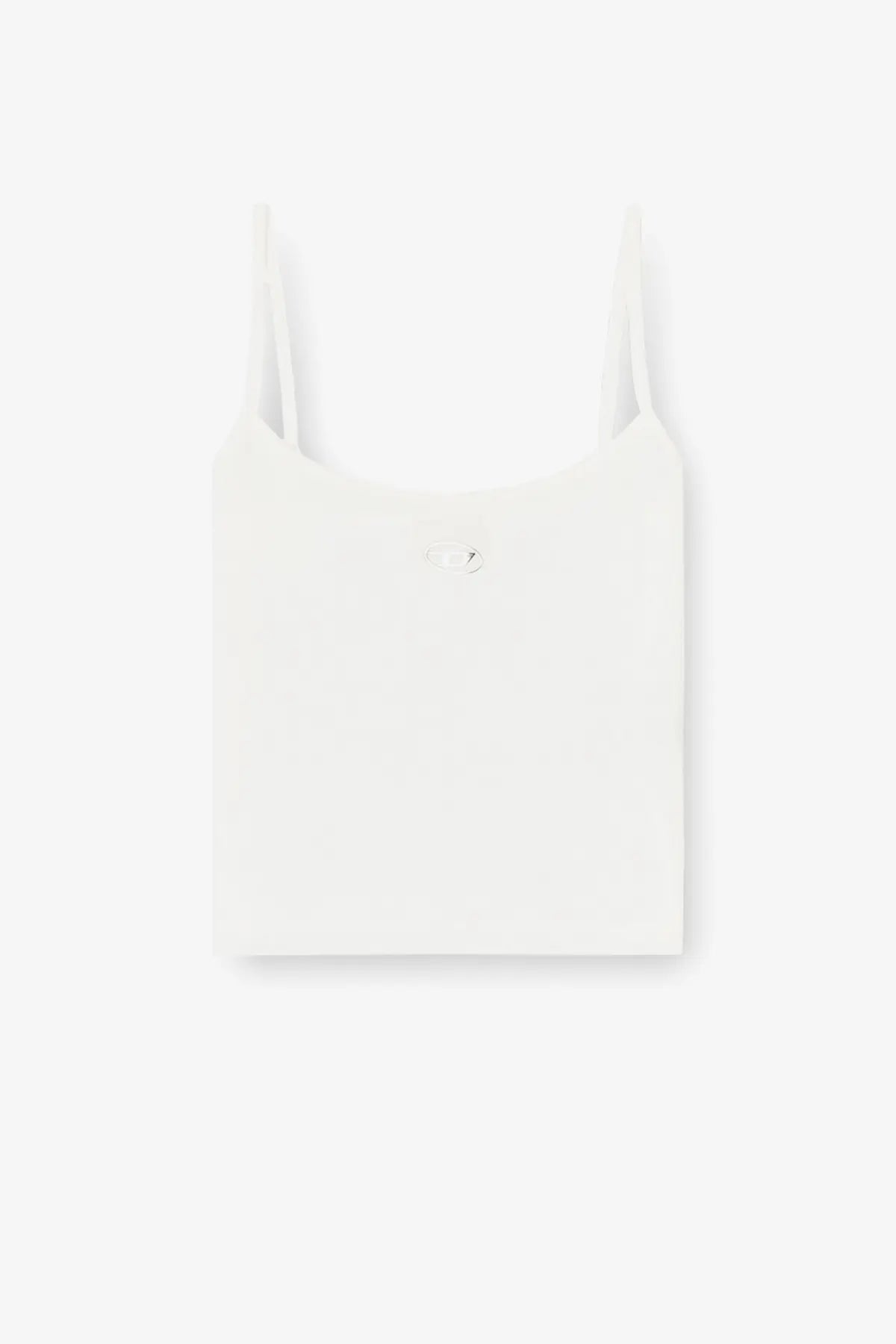 Diesel women’s white cotton tank top featuring a minimalist design with a subtle logo and spaghetti straps