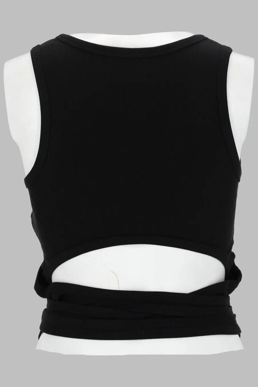 Back view of diesel women’s black sleeveless crop top with lower back cutout and tied fabric detail