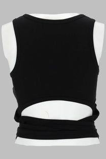 Back view of diesel women’s black sleeveless crop top with lower back cutout and tied fabric detail