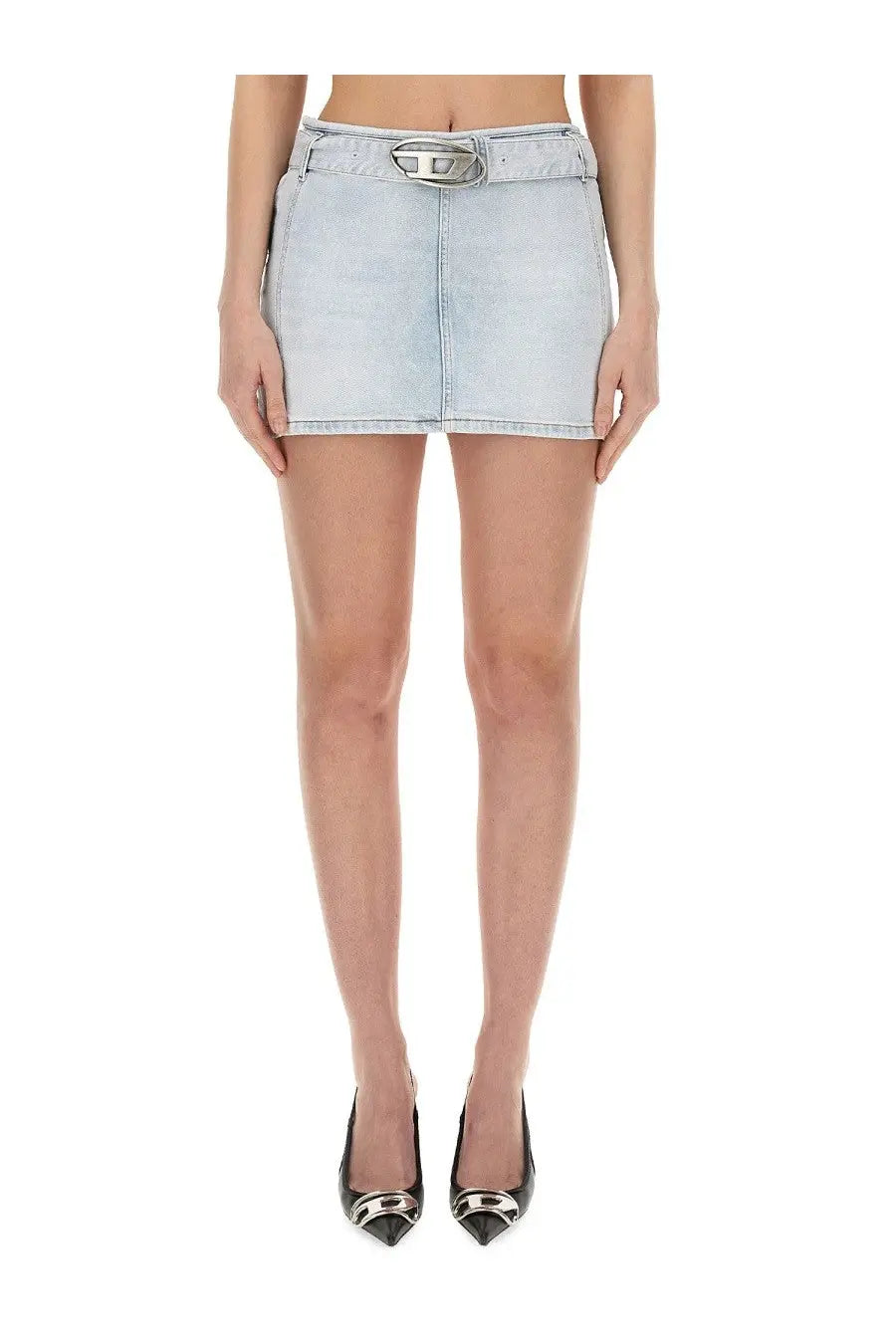 Light-wash denim mini skirt with silver diesel logo belt buckle in blue from diesel womens de flip skirt collection