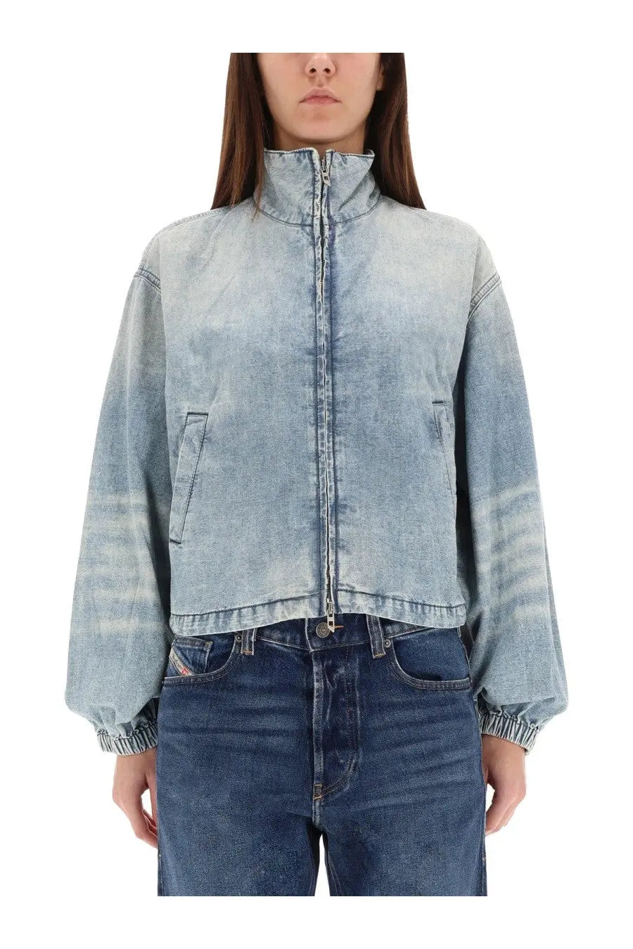 Diesel women’s DE Flowye light-wash denim jacket with high collar, front zipper closure, and elasticated cuffs in blue