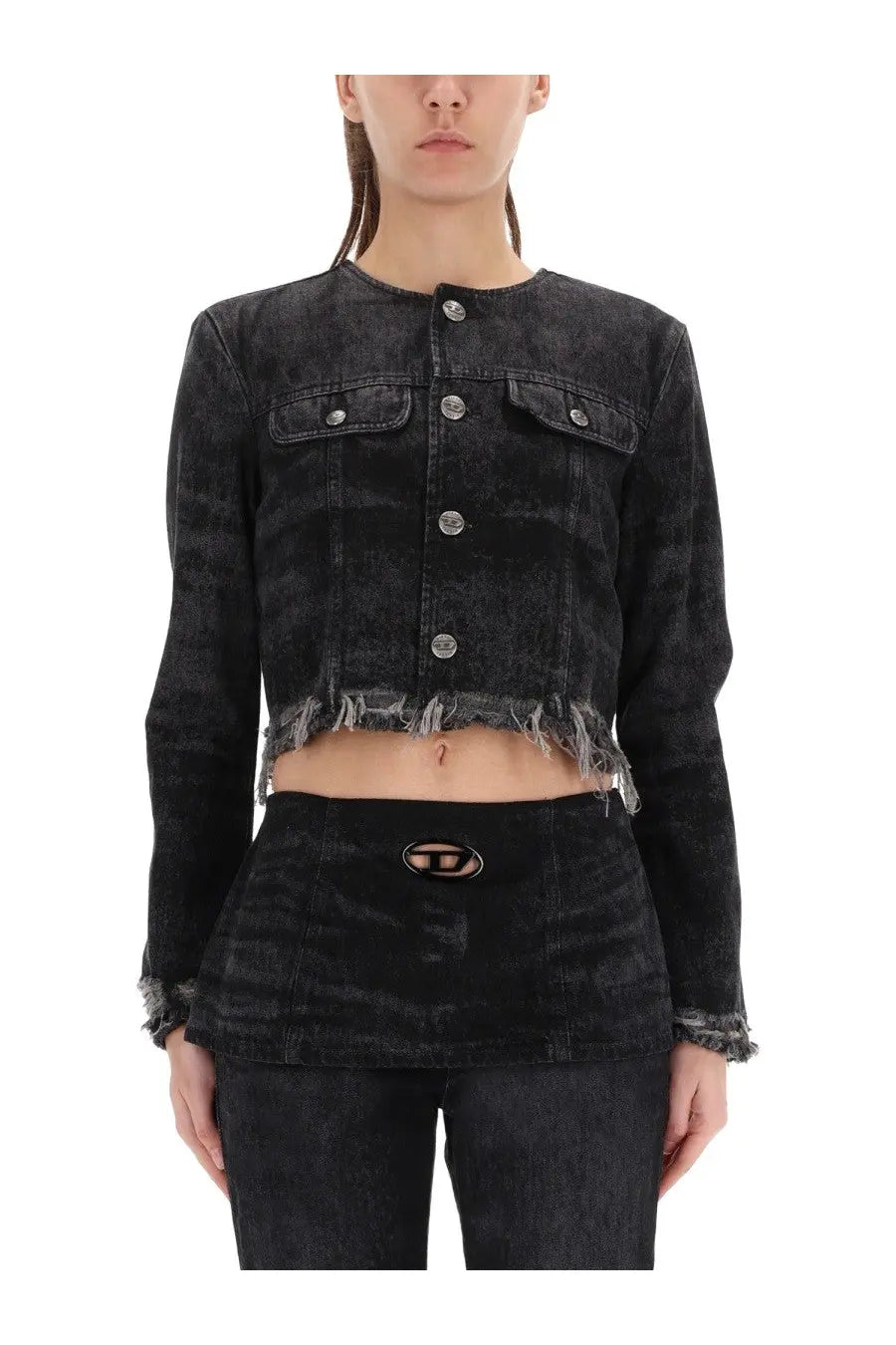 Diesel women’s DE Graffy Fsh black distressed denim cropped jacket with frayed hem cuffs silver buttons and chest pockets