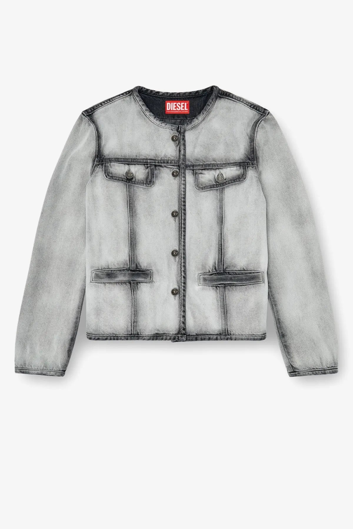 Diesel women’s de grafy fsi black jacket in distressed gray cotton and lyocell with button front and chest pockets