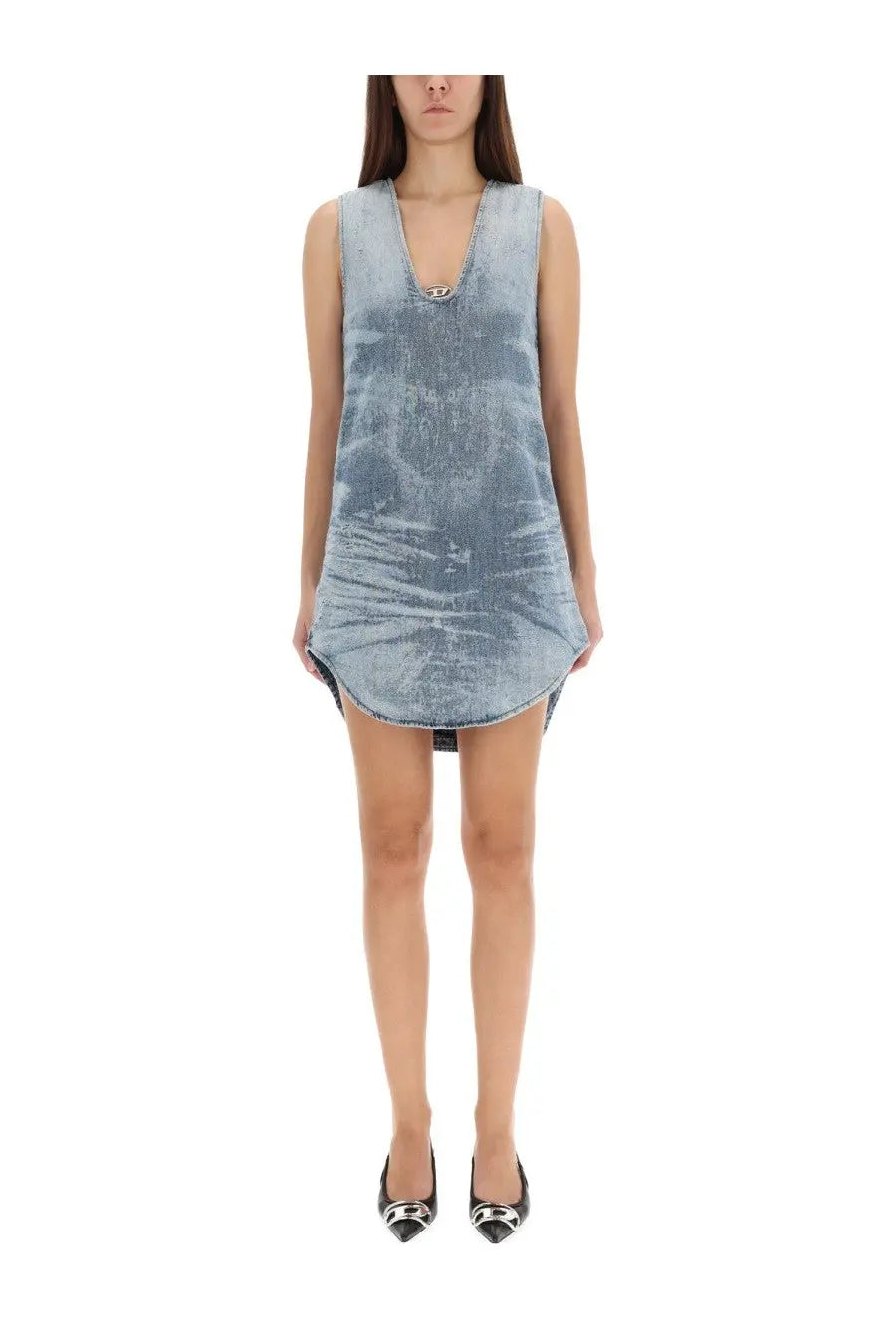 Diesel women’s de laris dress blue sleeveless light-wash denim with v-neckline and subtle distressing details