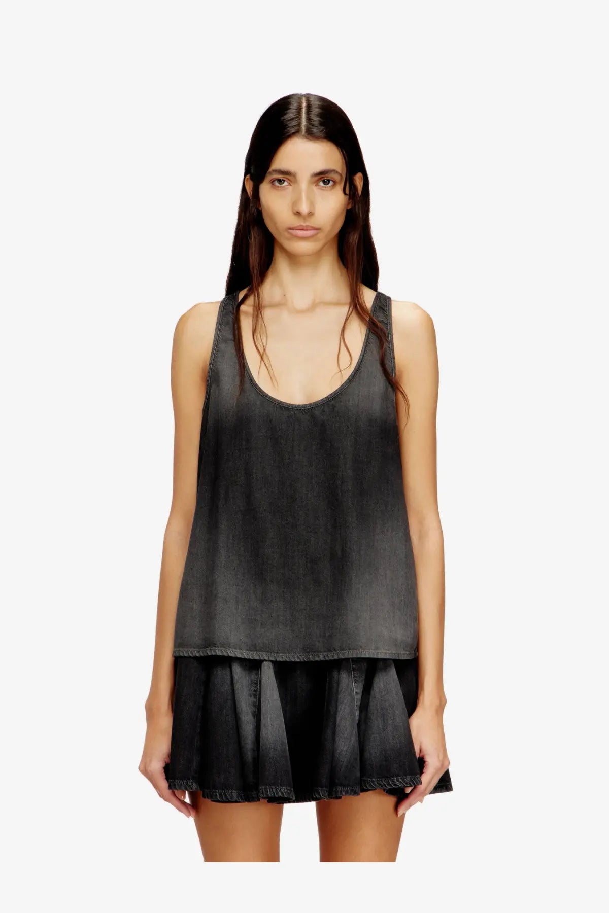 Diesel women’s black cotton and lyocell denim tank top with flared hem and ruffled skirt detail