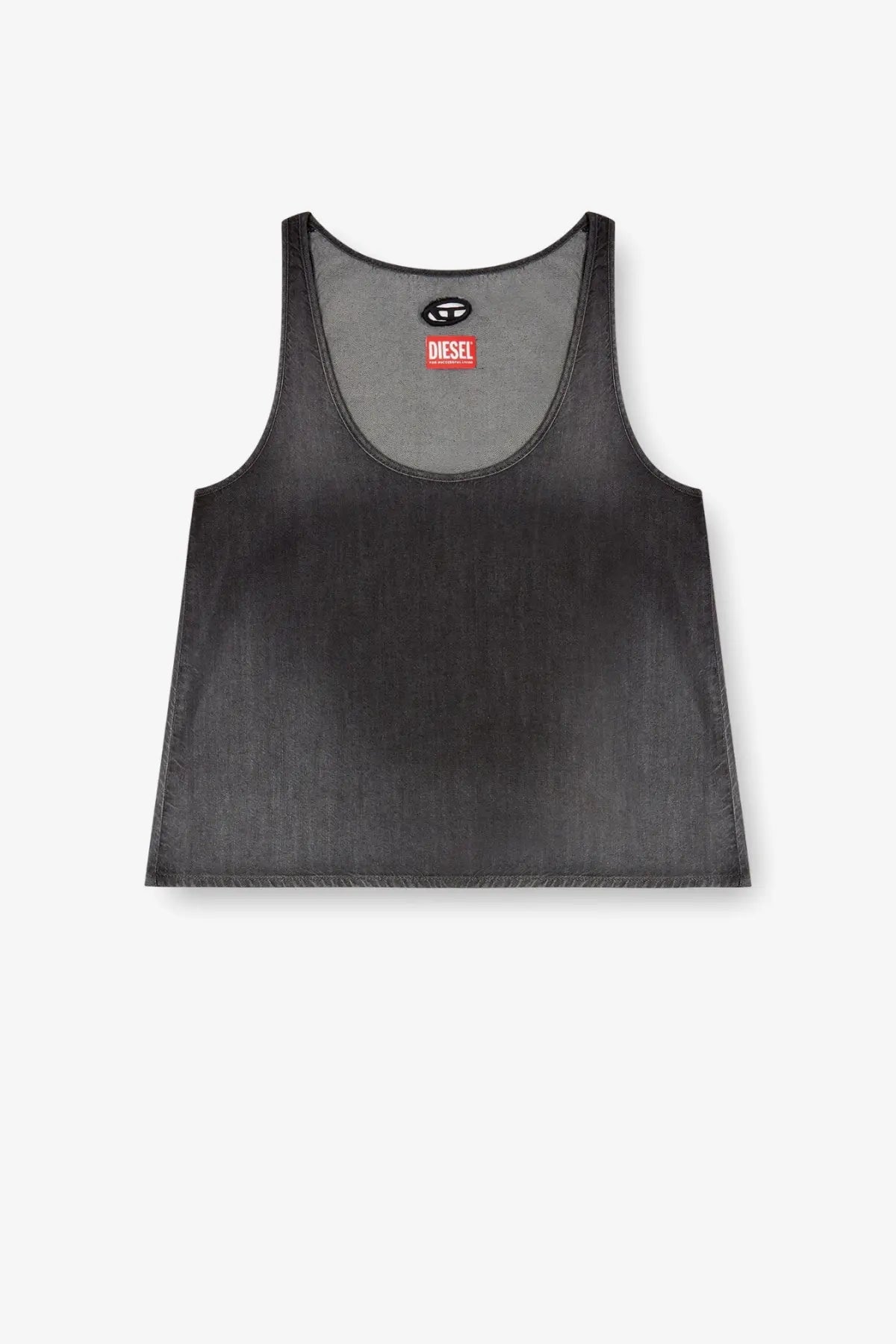 Diesel women’s de misy black denim tank top with subtle faded texture cotton and lyocell fabric with red brand tag