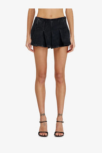 Black pleated denim mini skirt with frayed hem from Diesel women’s DE Rox collection