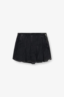 Diesel women’s DE Rox pleated denim shorts black with faux leather finish and frayed hem front view