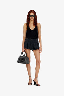 Black textured handbag with prominent metallic logo front paired with diesel women’s de rox pleated denim shorts black