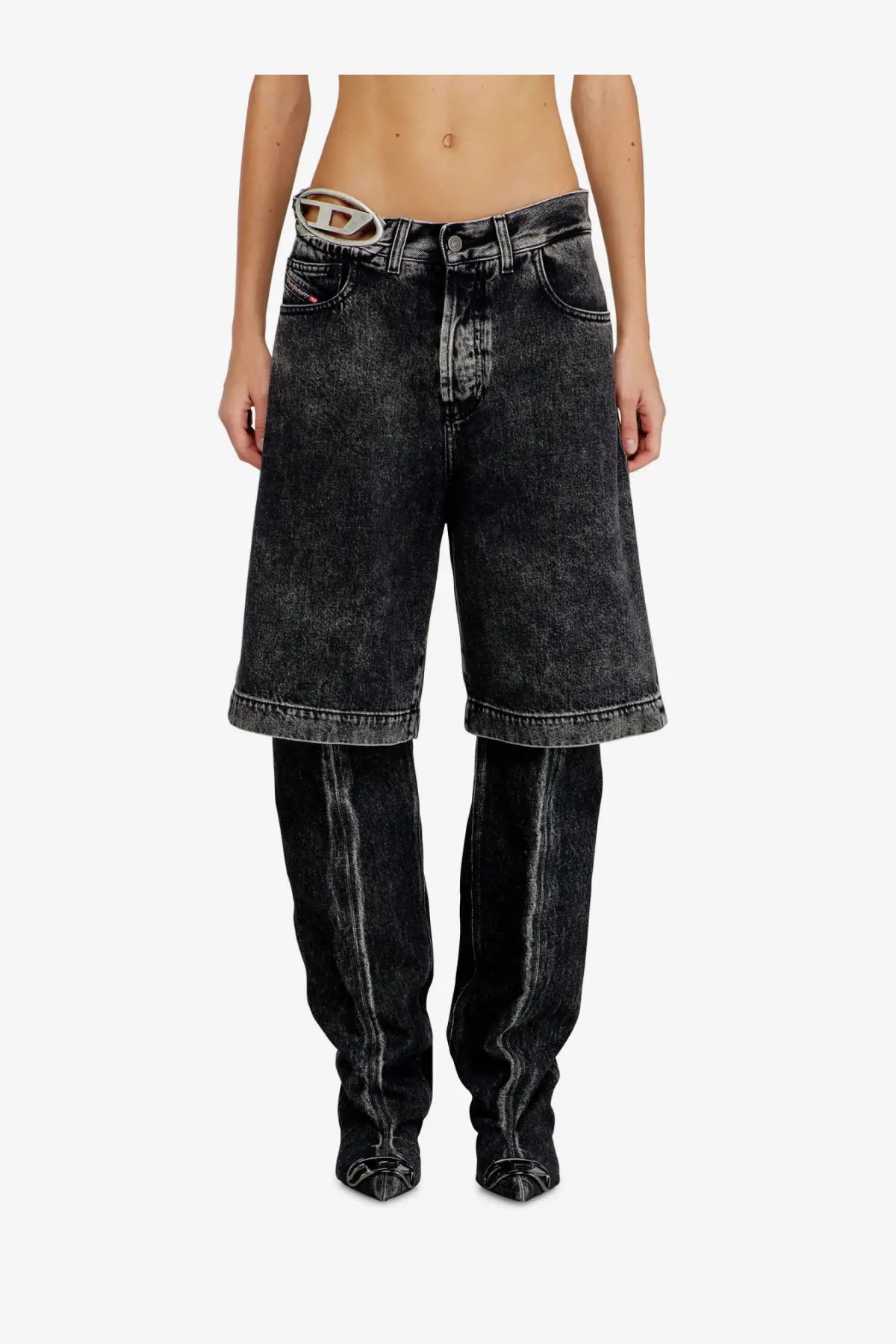 Diesel women’s de sire short s2 black denim bermuda shorts feature distressed faded finish and silver diesel belt buckle