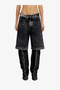 Diesel women’s de sire short s2 black denim bermuda shorts feature distressed faded finish and silver diesel belt buckle