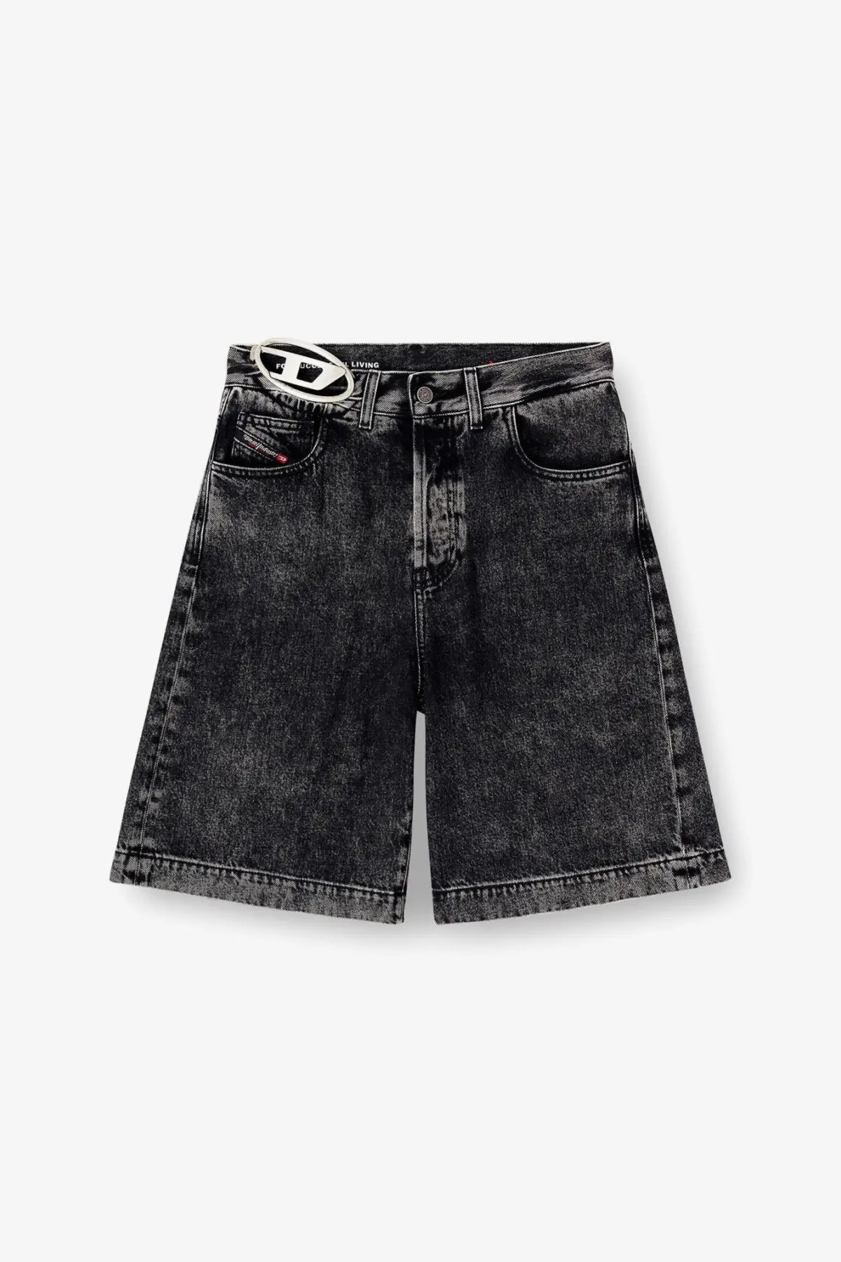 Diesel women’s DE Sire short black denim Bermuda shorts with faded distressed look and white logo plaque at waistband