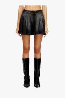 Diesel women’s black pleated denim mini skirt with button closure at waistband in DE Spiki short style
