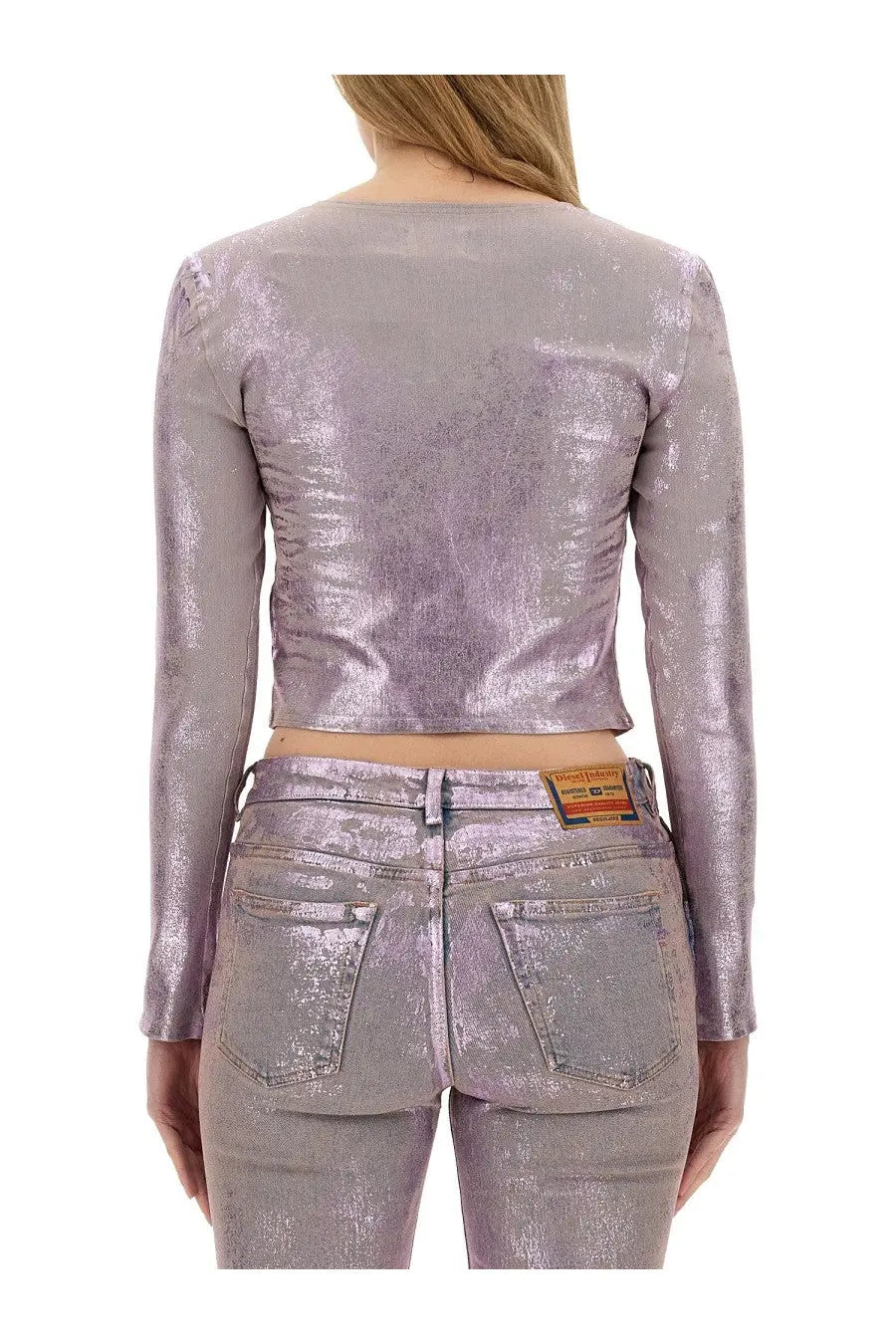 Diesel women’s DE TOP1 Fse shirt blue shimmering lavender metallic long-sleeve crop top with ruched back and texture