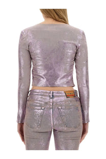 Diesel women’s DE TOP1 Fse shirt blue shimmering lavender metallic long-sleeve crop top with ruched back and texture