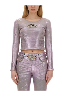 Diesel women’s de top1 fse shimmering lavender metallic long sleeve crop top with rhinestone logo brooch at chest