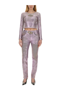 Shimmering lavender metallic pants with subtle textured pattern and decorative belt buckle paired with diesel womens de top1 fse shirt blue