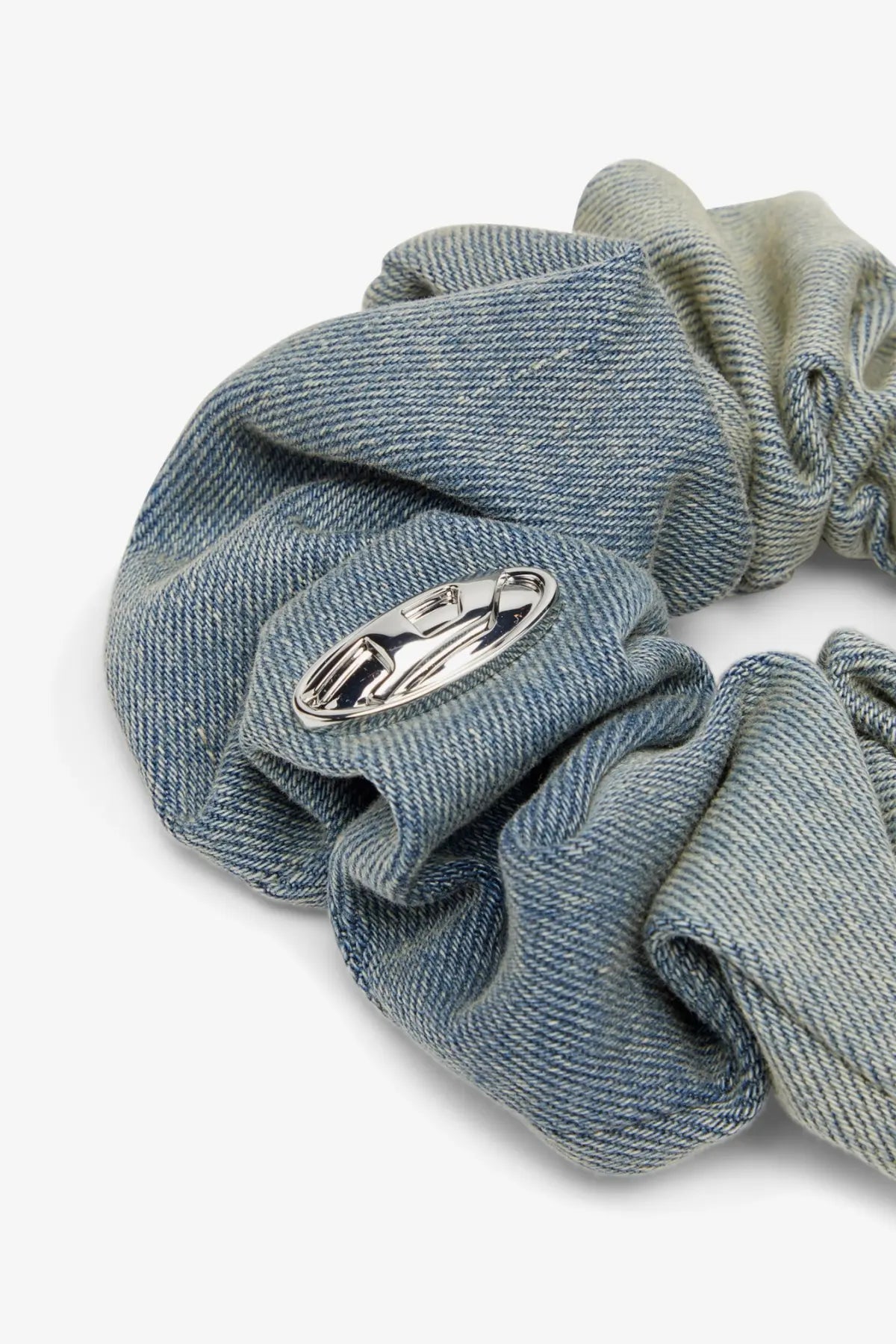 Diesel women’s blue denim bangle scrunchie hair tie with silver metal clasp and stretchy fabric design
