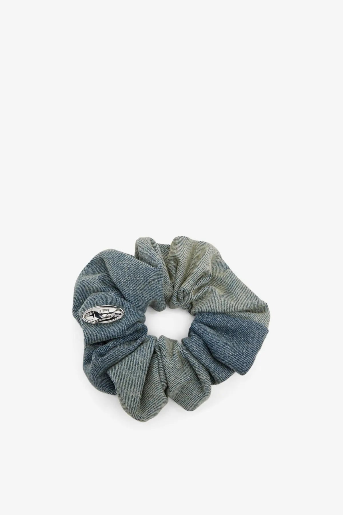 Diesel women’s denim bangle scrunchie hair tie in blue with denim texture and oval silver metal emblem