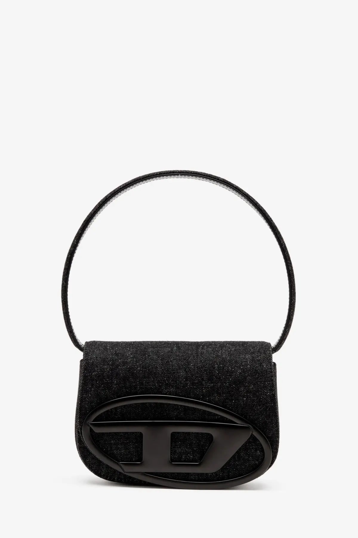 Diesel women’s black denim shoulder bag with textured finish glossy black oval logo and circular handle