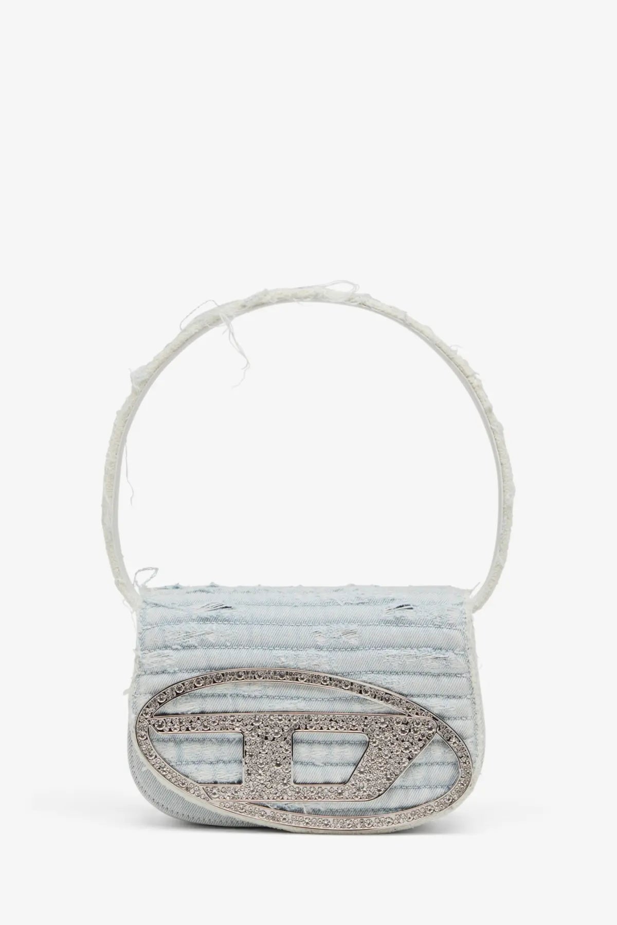 Diesel women’s light blue distressed denim shoulder bag with a silver rhinestone oval logo plaque in grey
