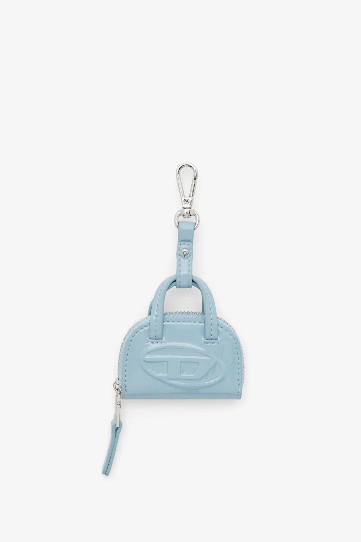 Light blue patent leather Diesel women’s dome charms pvc mini handbag keychain with silver-tone logo and zipper pull