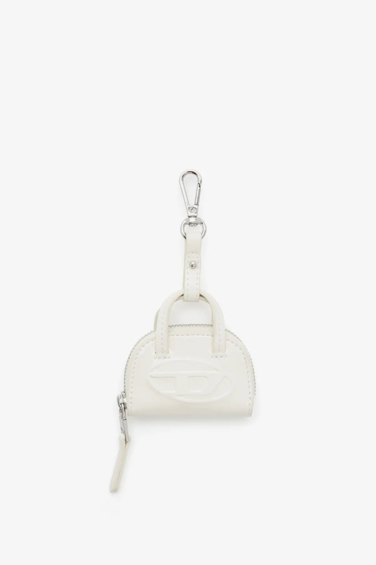 Diesel women’s dome white faux leather mini handbag charm with silver metal clasp and zipper pull keychain