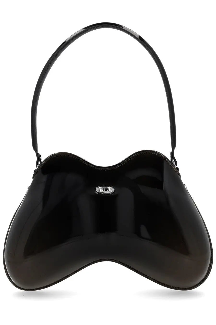 Diesel women’s double bag black glossy patent leather handbag with curved bow silhouette and silver logo plaque